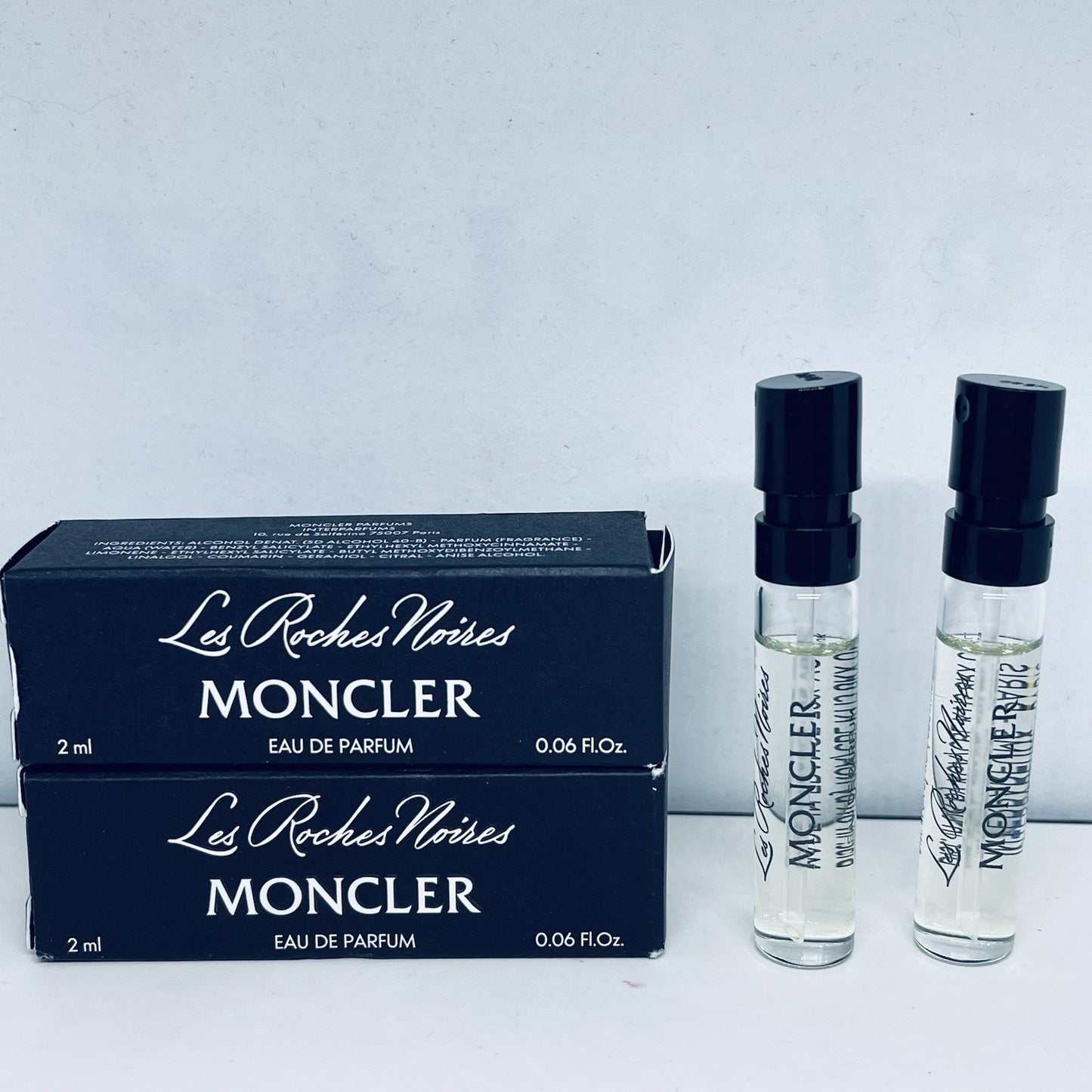 2x Moncler Les Roches Noires Eau de Parfum Sample Spray 2ml/0.06oz
