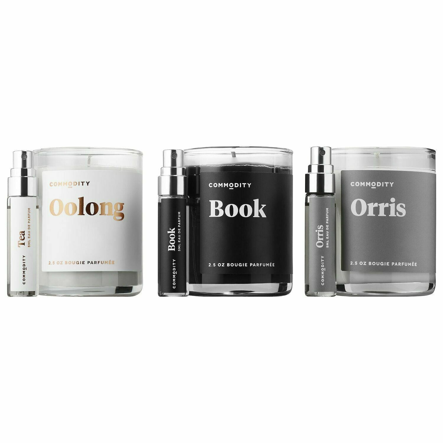 Commodity Book, Orris, Oolong Eau de Parfum Spray Candle Exploration Kit 3X3 NIB