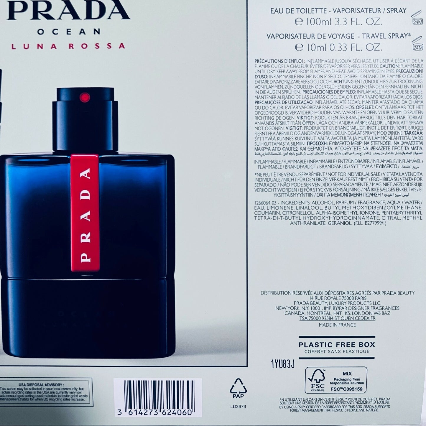 PRADA Luna Rossa Ocean Men`s Eau de Toilette Spray 3.3 oz / 100 ml New in Box
